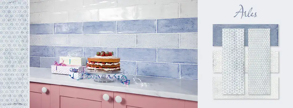 Blue Arles tiles in a Kitchen setting.